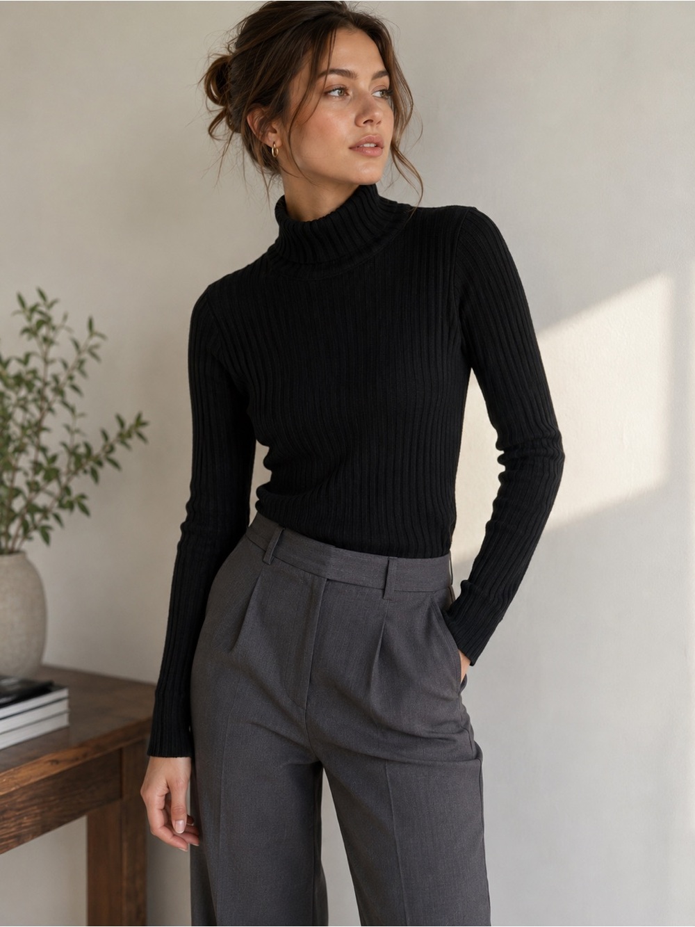 NWT Copper Key Black Ribbed Turtleneck Top M Long Sleeve Stretch Fitted